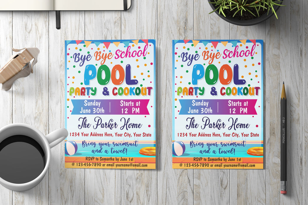 Editable End of School Pool Party Cookout for Kids and Teens Invitation