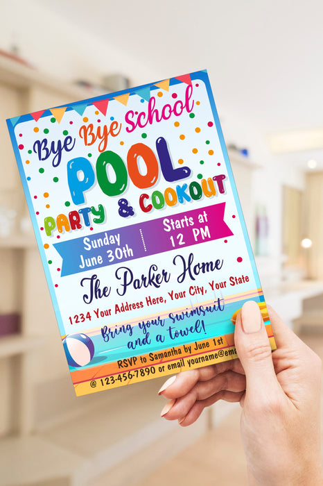 Editable End of School Pool Party Cookout for Kids and Teens Invitation