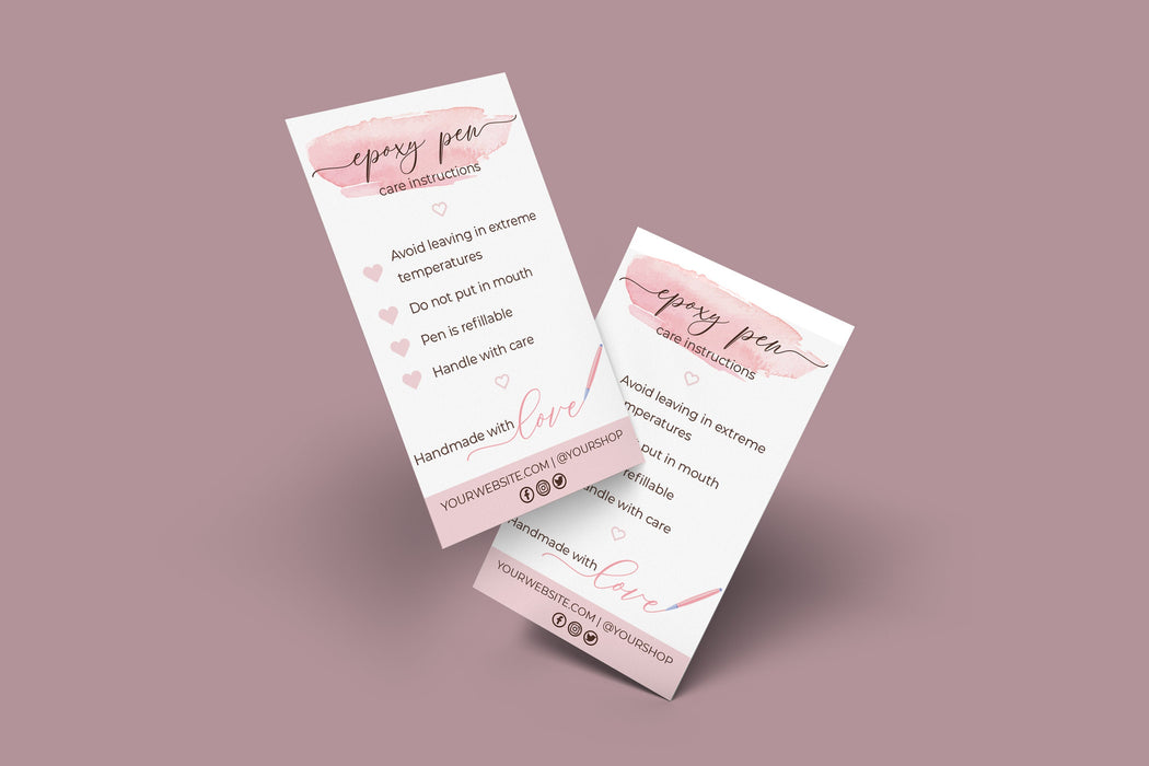 Editable Epoxy Pen Care Card Template, Printable Pen Care Card or Pen Care Instructions and Thank You Card