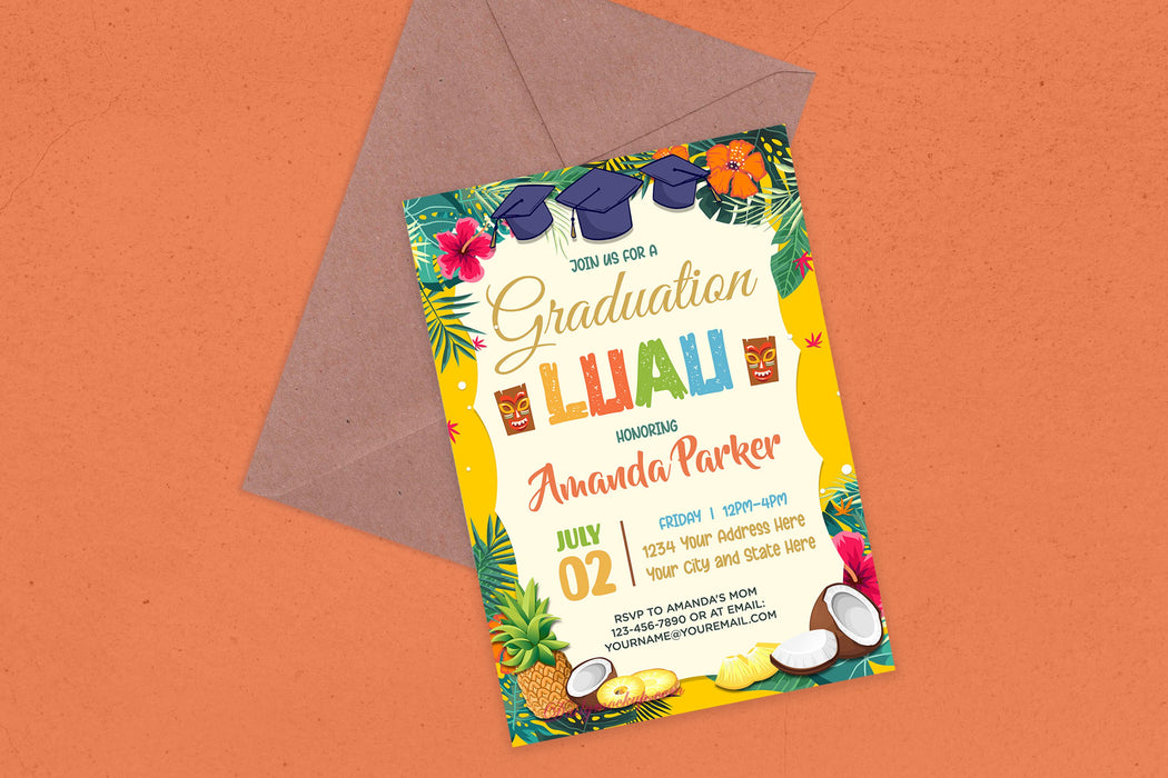Editable Luau Graduation Invitation, Luau Party Invites, Tropical Graduation Party Invitation Template, Hawaiian Themed Graduation Invite