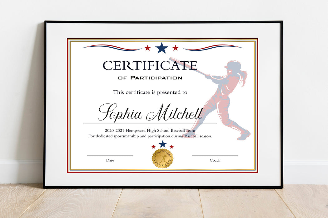 Downloadable Red White Girls Softball Certificate Template, DIY Softball Participation Award, Girls Softball Award, Female Sports Awards