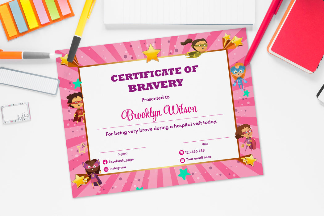 Printable Certificate of Bravery, DIY Pink Editable Kids Certificate Template for Girls for Being Brave, Instant Download