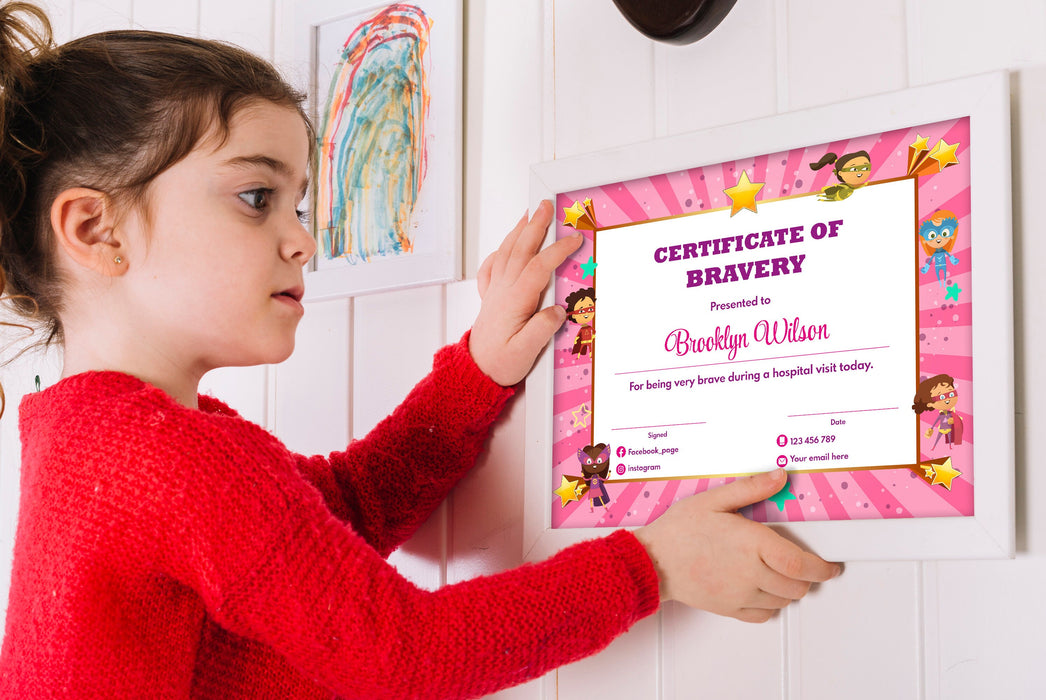 Printable Certificate of Bravery, DIY Pink Editable Kids Certificate Template for Girls for Being Brave, Instant Download