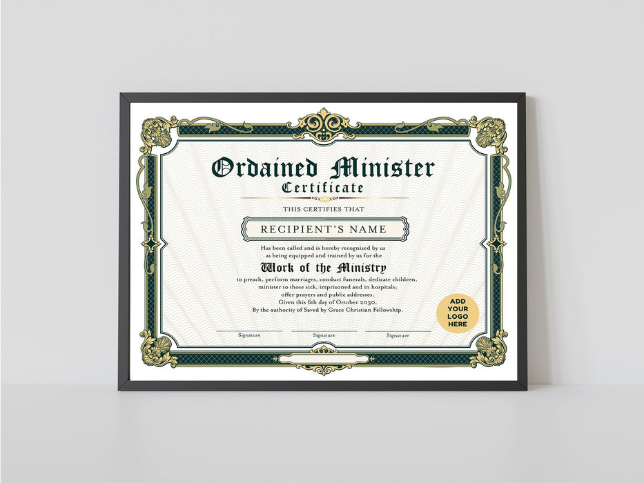 Editable Certificate of Ordination Minister Template, Green and Gold DIY Printable Ministry Certificate