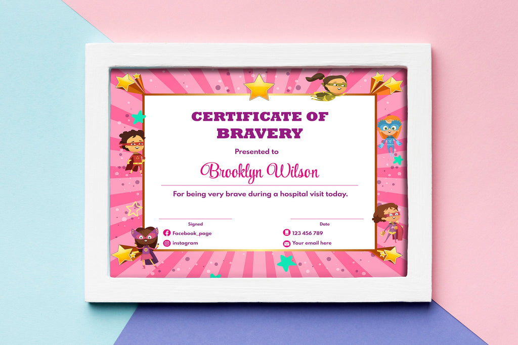 Printable Certificate of Bravery, DIY Pink Editable Kids Certificate T — Posh Park for Big Sister Certificate Free Printable