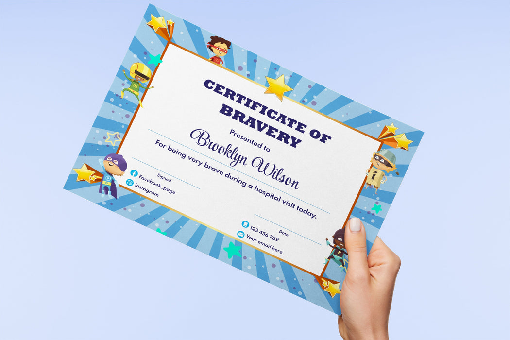 Printable Certificate of Bravery, Blue Editable Kids Certificate Template for Boys for Being Brave, Instant Download