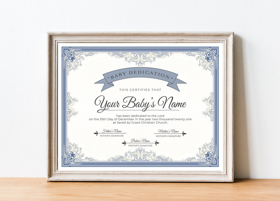 Editable Blue Baby Dedication Certificate Template, Downloadable Baby Christening Dedication, Printable Baptism Certificate
