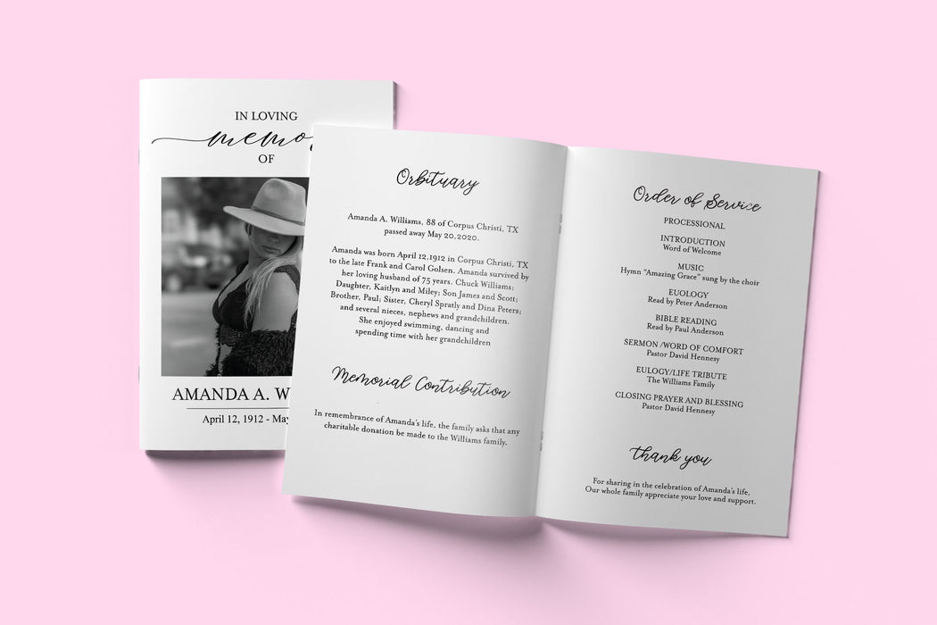 Minimalist Funeral Program, 4 Page Editable Printable Funeral Brochure Editable in Corjl