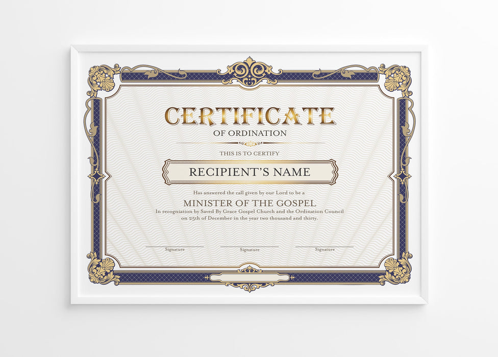 Editable Certificate of Ordination Minister, Blue and Gold Ordination Certificates, Ministry Certificate
