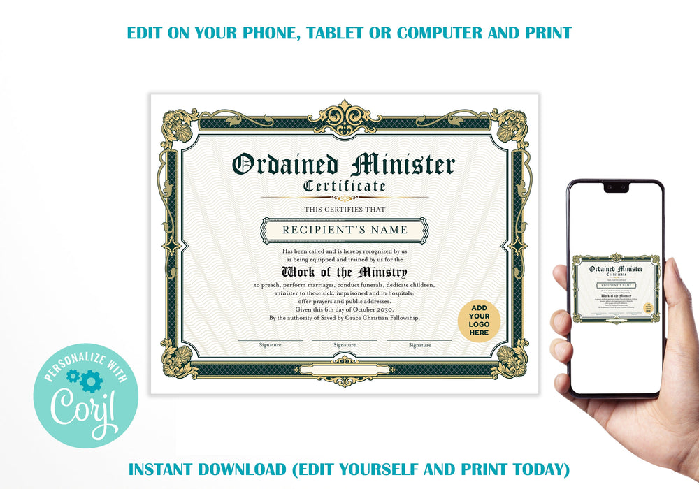 Editable Certificate of Ordination Minister Template, Green and Gold DIY Printable Ministry Certificate
