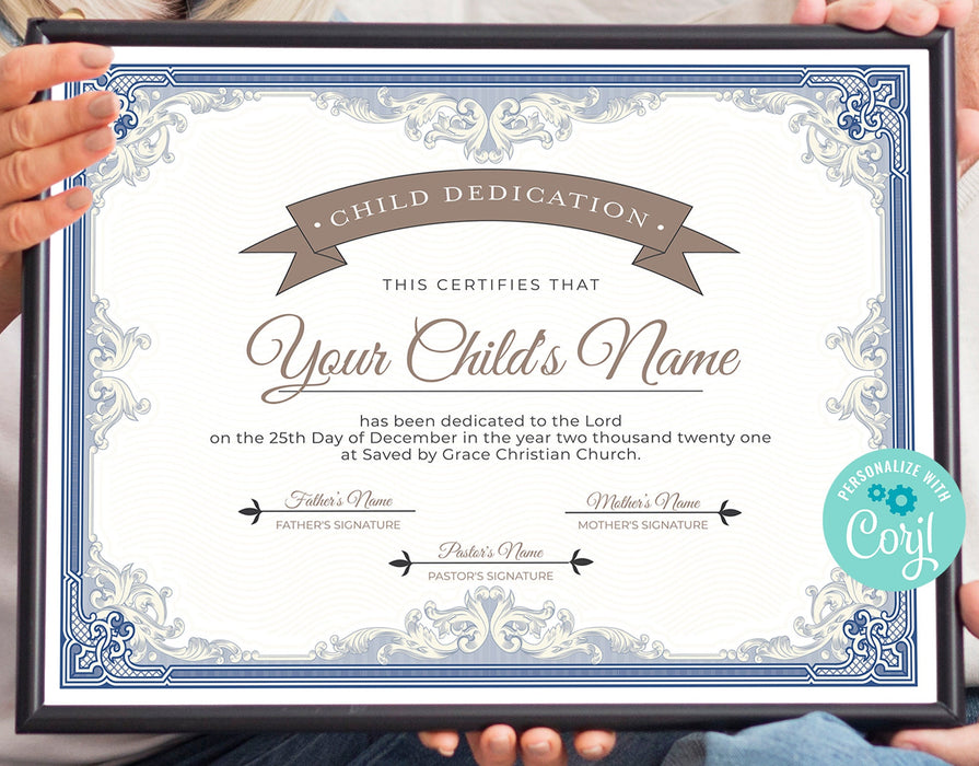 DIY Editable Child Dedication Certificate, Editable Blue & Brown Baby Dedication Certificate Template INSTANT DOWNLOAD