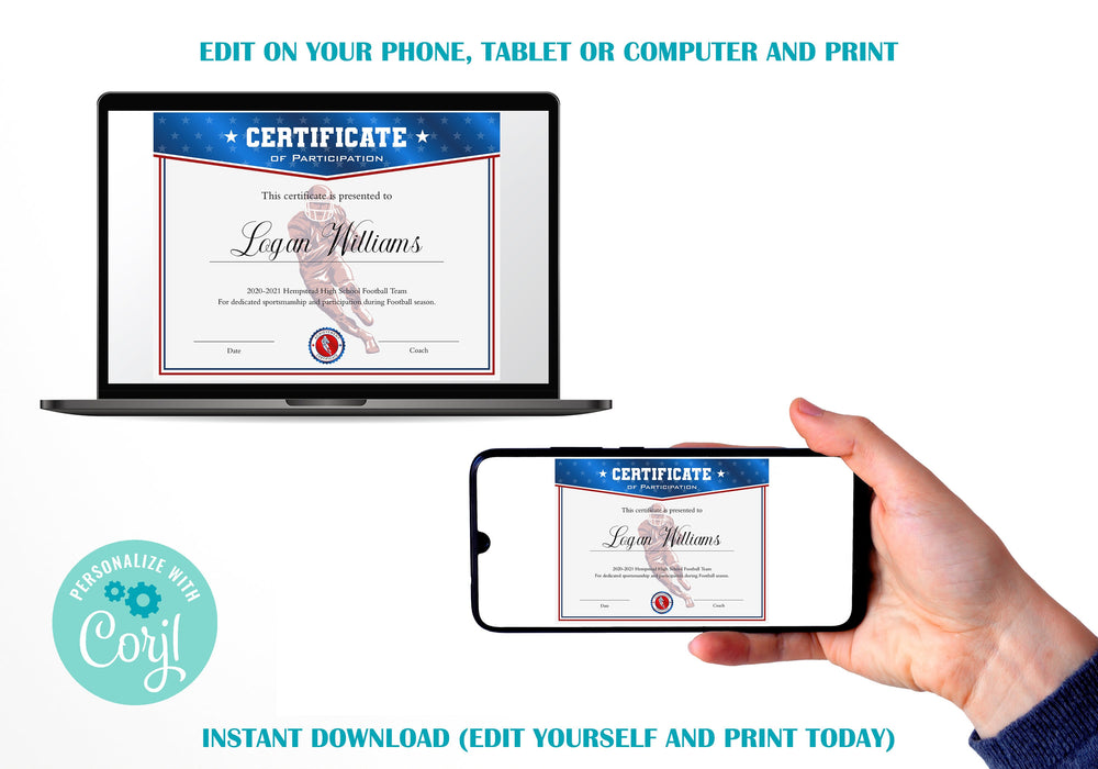 Editable Football Certificate Template, DIY Football Participation Certificate Award. Printable Football Personalized Diploma Sports Award