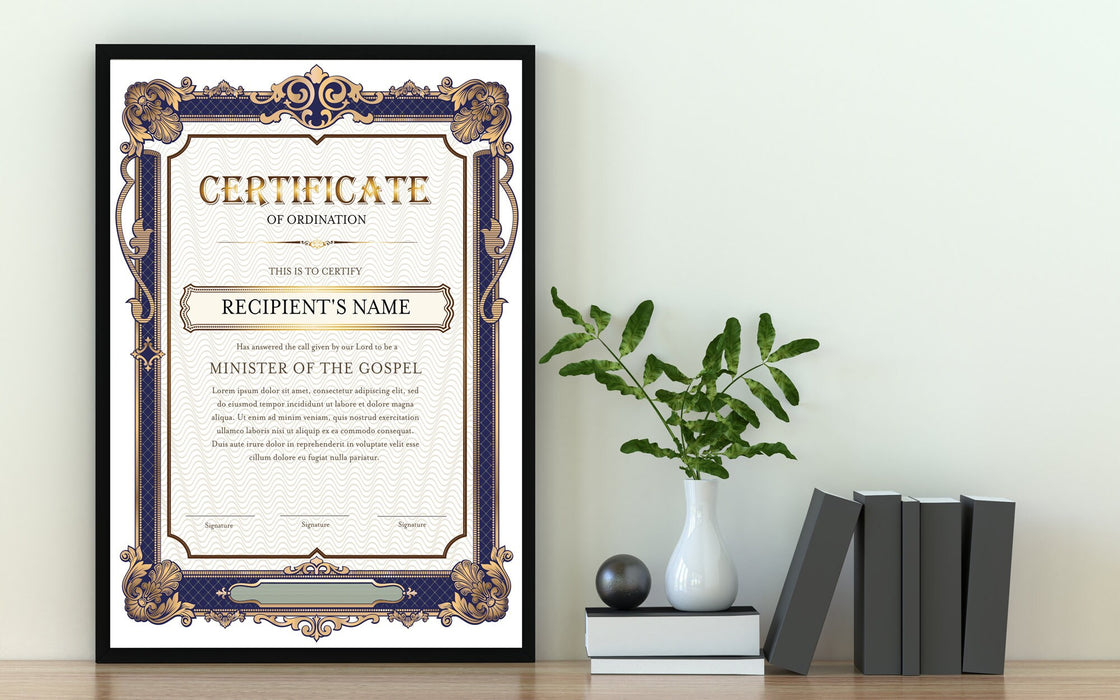 Editable Certificate of Ordination Portrait Orientation, Blue and Gold Ordination Certificate, Ministry Certificate