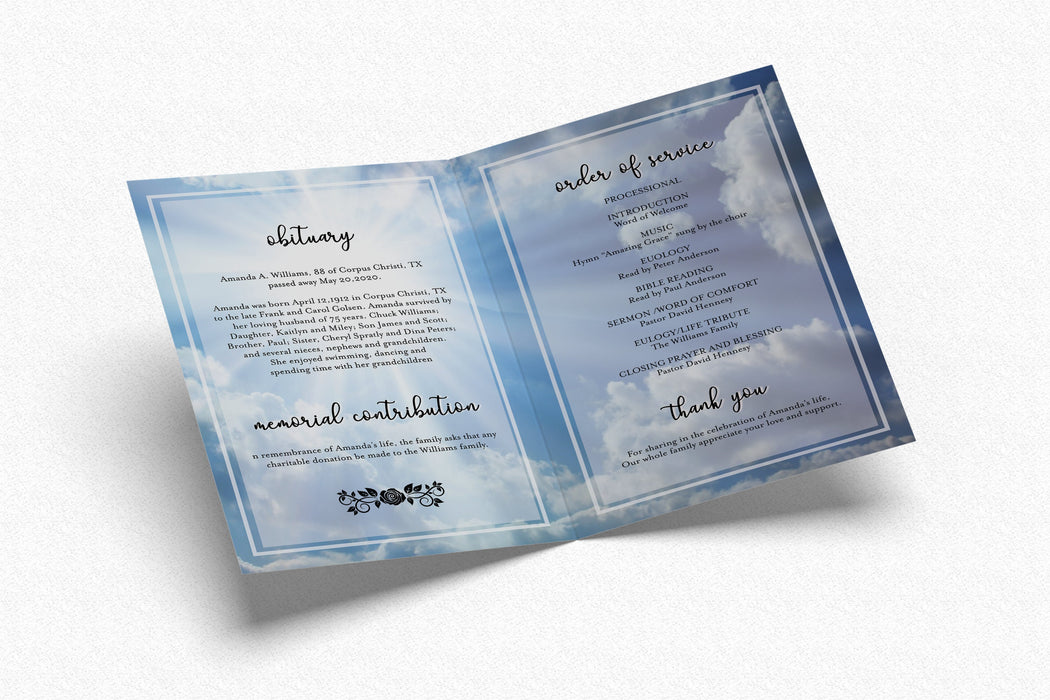Editable Blue Sky Funeral Brochure, Printable and Downloadable 4 Page Funeral Program