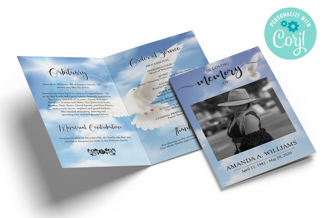 Dove Funeral Program, 4 Page Editable  Program for Funeral Print, Blue Sky White Dove Obituary Program, Obituary Template