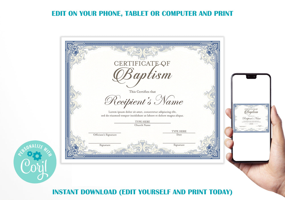 Editable Certificate of Baptism, Blue DIY Baptism Template, Downloadable and Printable Church Form