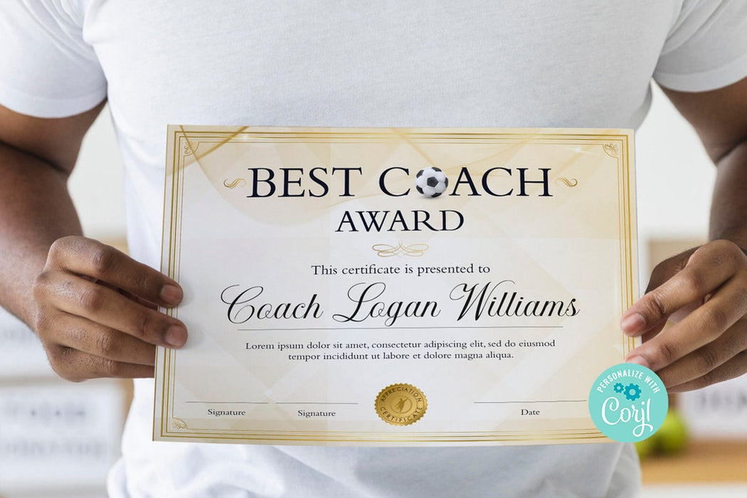 Downloadable Soccer Coach Certificate Template,  Editable Best Soccer Coach of the Year Template, Soccer Coach Recognition Award, Sports Coach