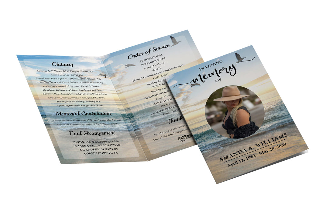 DIY Ocean Theme Obituary Template, Editable 4 Page Ocean Themed Funeral Brochure Personalized and Customizable