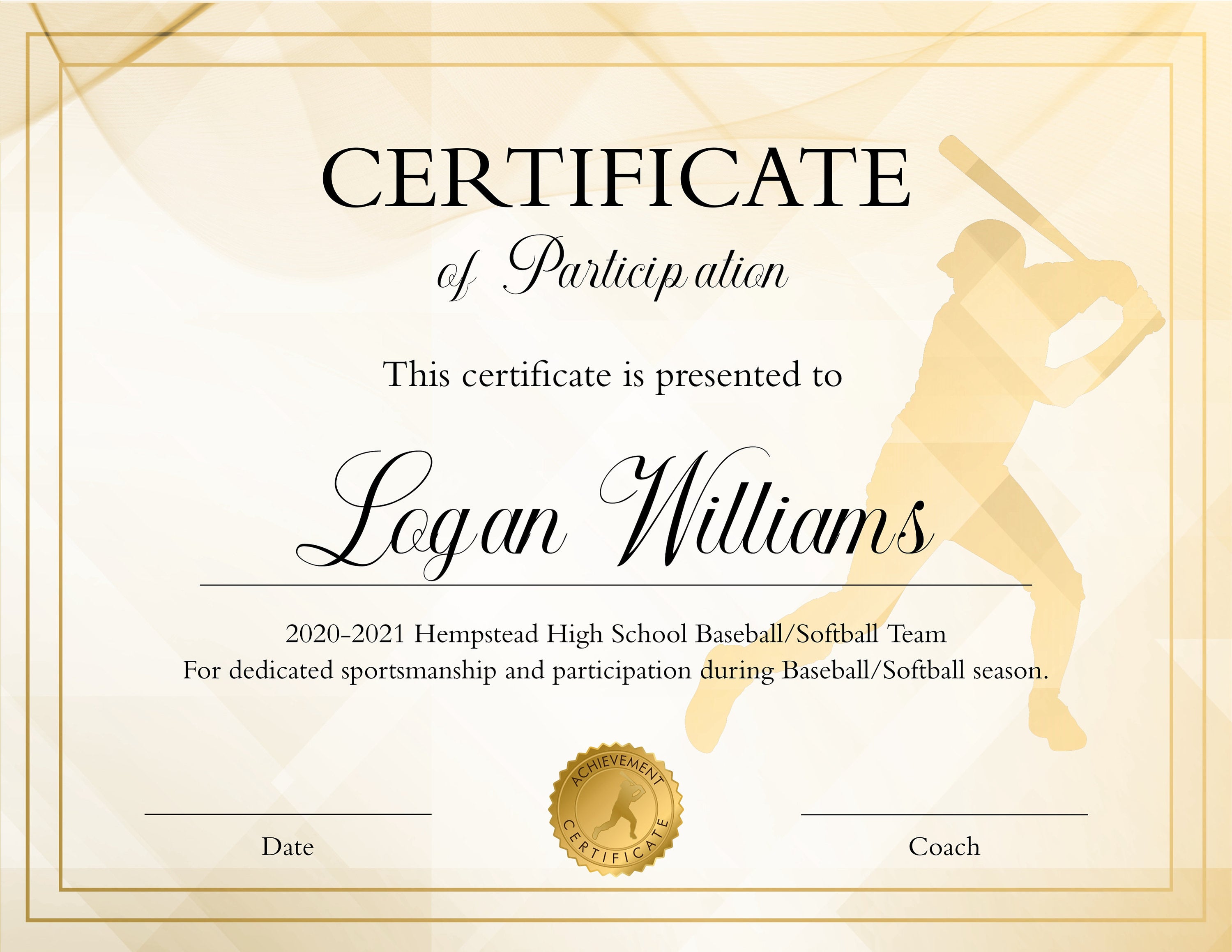 Downloadable Baseball Certificate Template, Baseball Participation Awa