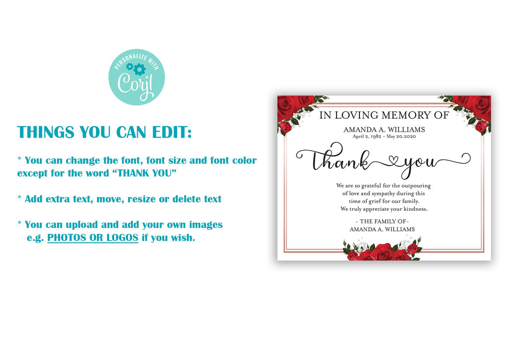Editable and Downloadable Red Rose Sympathy Thank You Card, Funeral Thank You Card Template