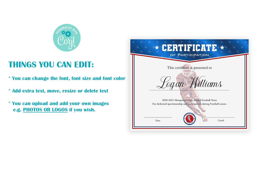 Editable Football Certificate Template, DIY Football Participation Certificate Award. Printable Football Personalized Diploma Sports Award