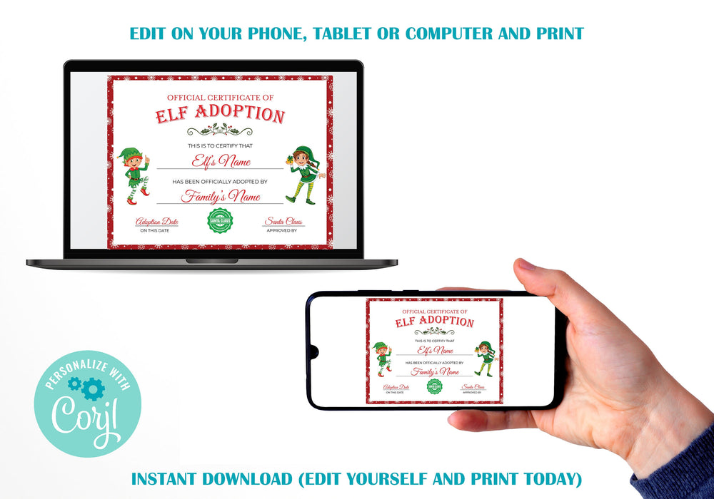 Elf Certificate of Adoption, Editable Elf Theme Stocking Stuffer