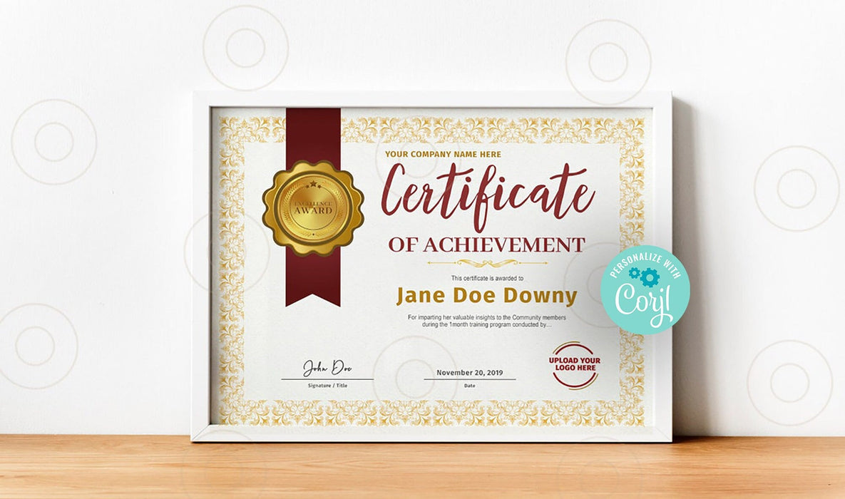 Editable Gold Certificate of Achievement Template |Downloadable Certificate Template  | Printable Award Certificates | Blank Certificate | Instant Download