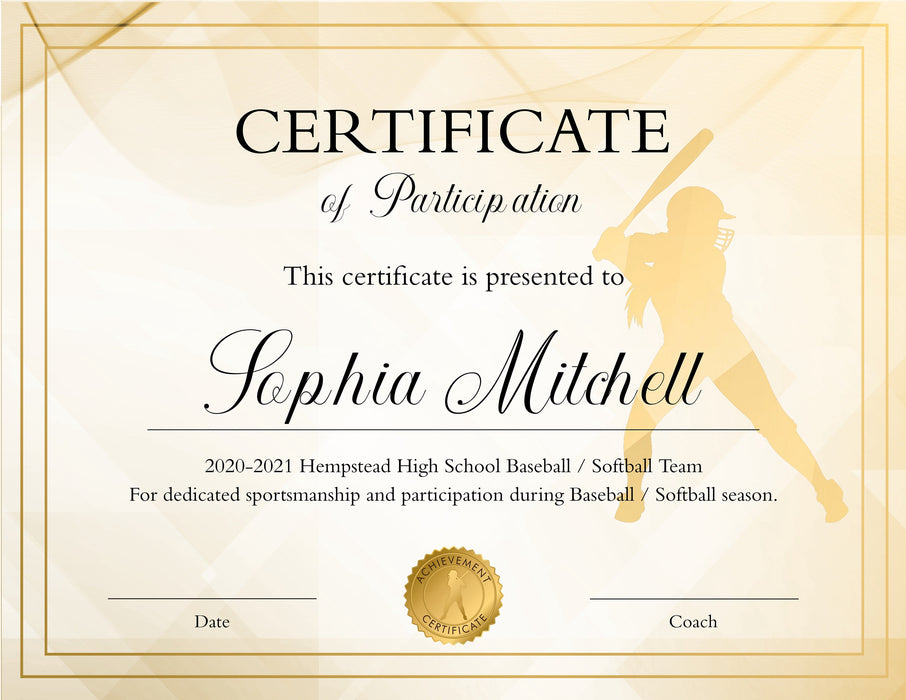 Editable Gold Girls Softball Certificate Template, Downloadable Softball Participation Award, Girls Softball Award, Female Sports Awards