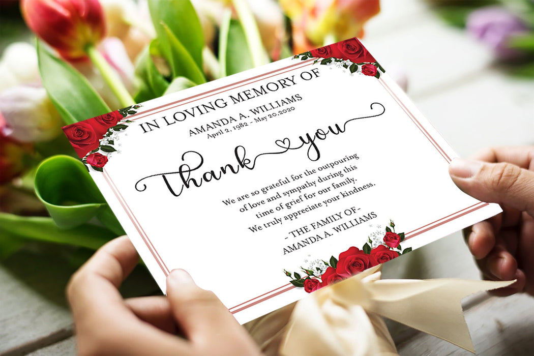 Editable and Downloadable Red Rose Sympathy Thank You Card, Funeral Thank You Card Template