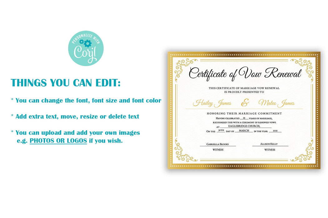 Golden Vow Renewal Certificate Template | Gold Decorative Wedding Vow Renewal | Vow renewal Printables