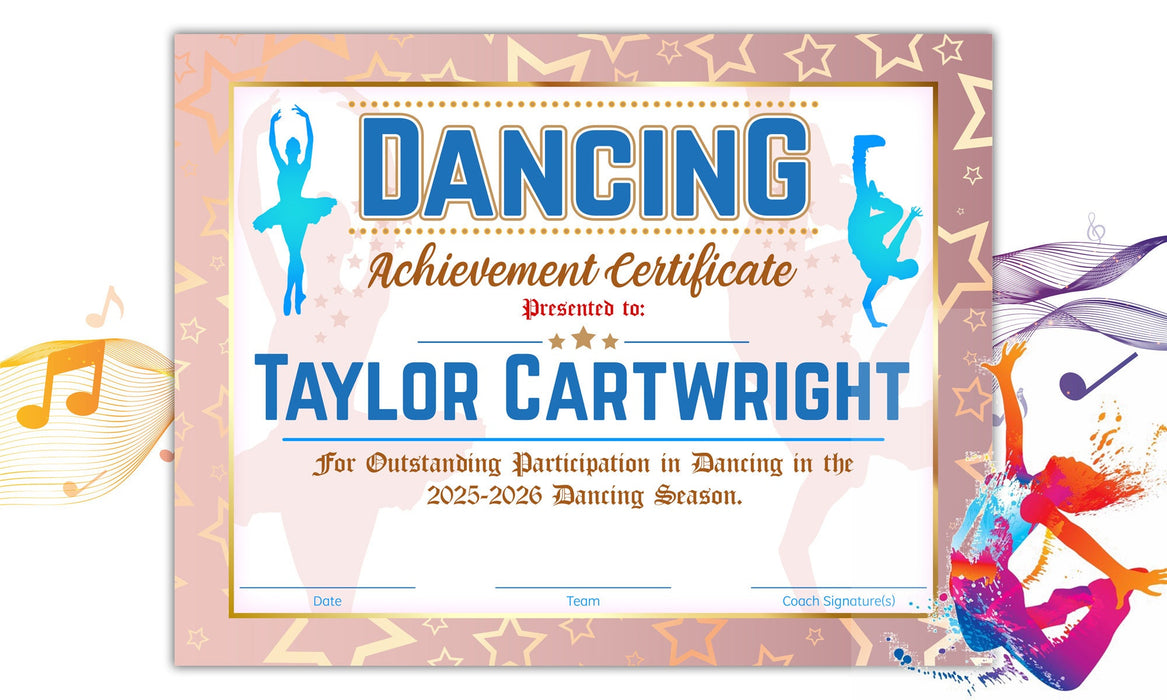 EDITABLE Dancer Certificate, Dancing Award Template, Pink Gold Stars Dancer Printable Certificate