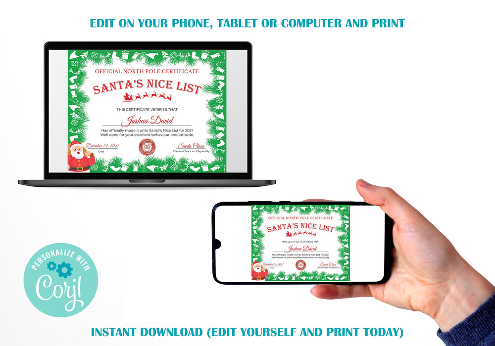 Editable Nice Certificate Template, Cute Santa's Nice List Award Template