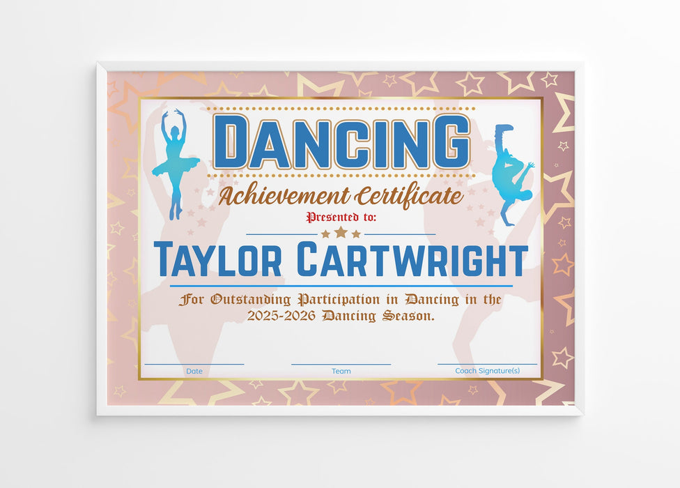 EDITABLE Dancer Certificate, Dancing Award Template, Pink Gold Stars Dancer Printable Certificate