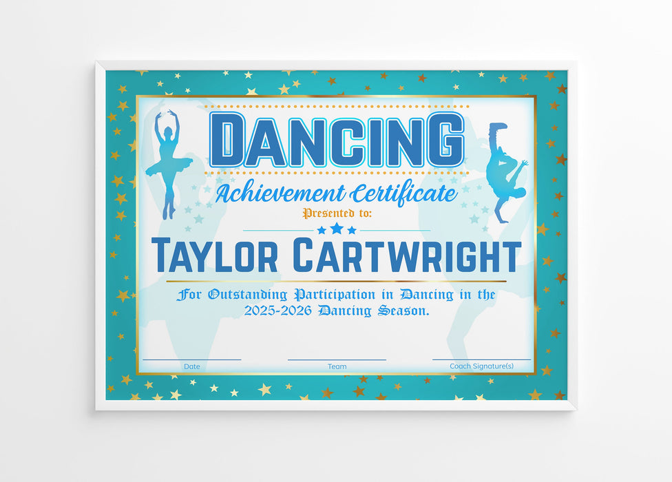 EDITABLE Dancer Certificate, Dancing Award, Blue Green Dance Recital Award BLUE