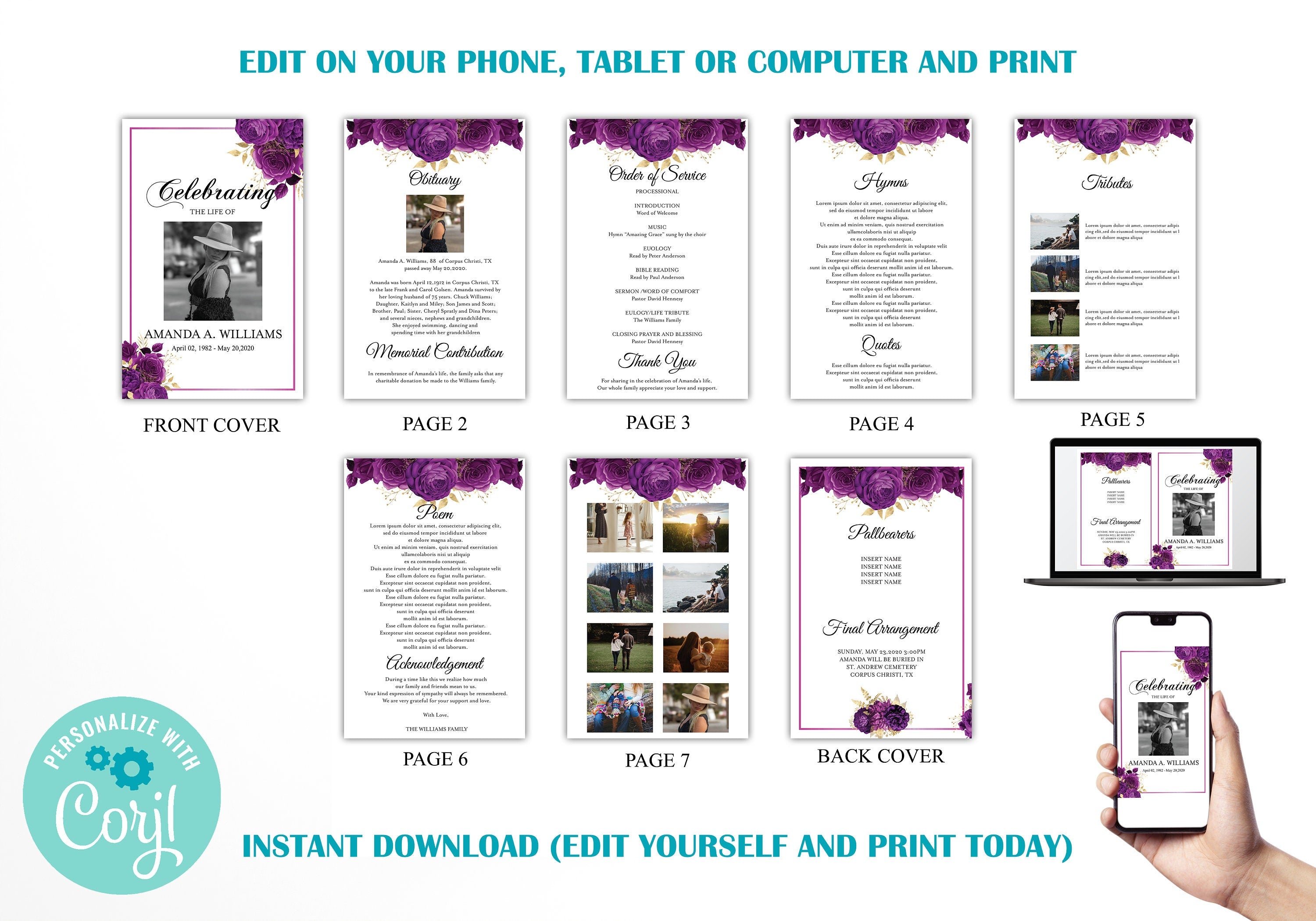 Editable 8 Page Purple Rose Funeral Program Template — Posh Park