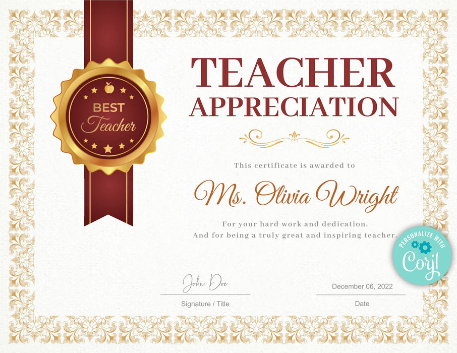 Downloadable Teacher Appreciation Award Certificate Template | Teacher Gift | Award Certificate For Teacher | Printable Award Certificate | Teachers Week