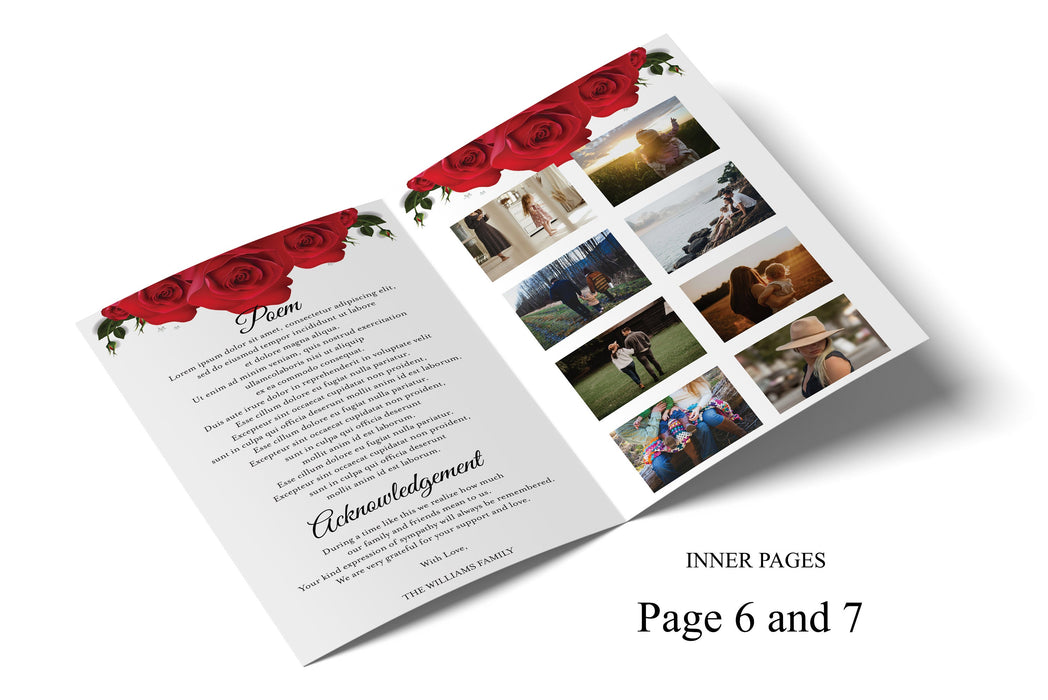 Editable 8 Page Red Rose Funeral Program Template, DIY Obituary Template for Woman