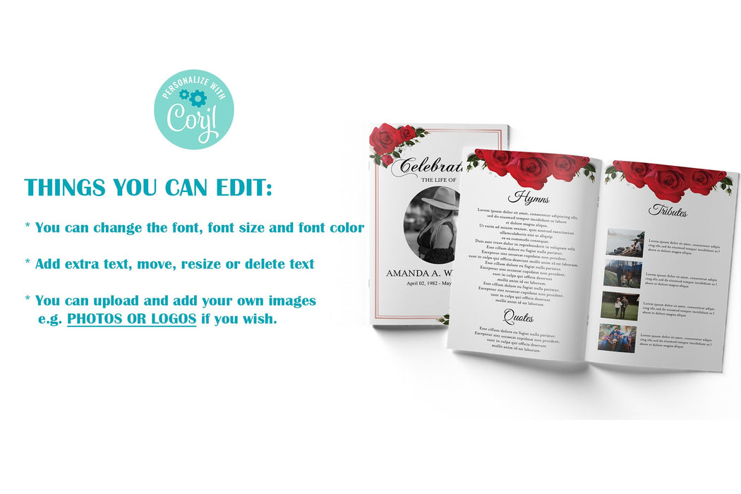Editable 8 Page Red Rose Funeral Program Template, DIY Obituary Template for Woman