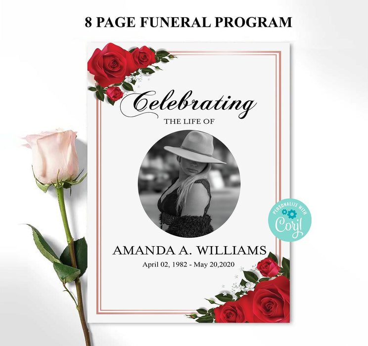 Red Roses Funeral Booklet DIY Red Rose Funeral Program & Obituary Template — Posh Park