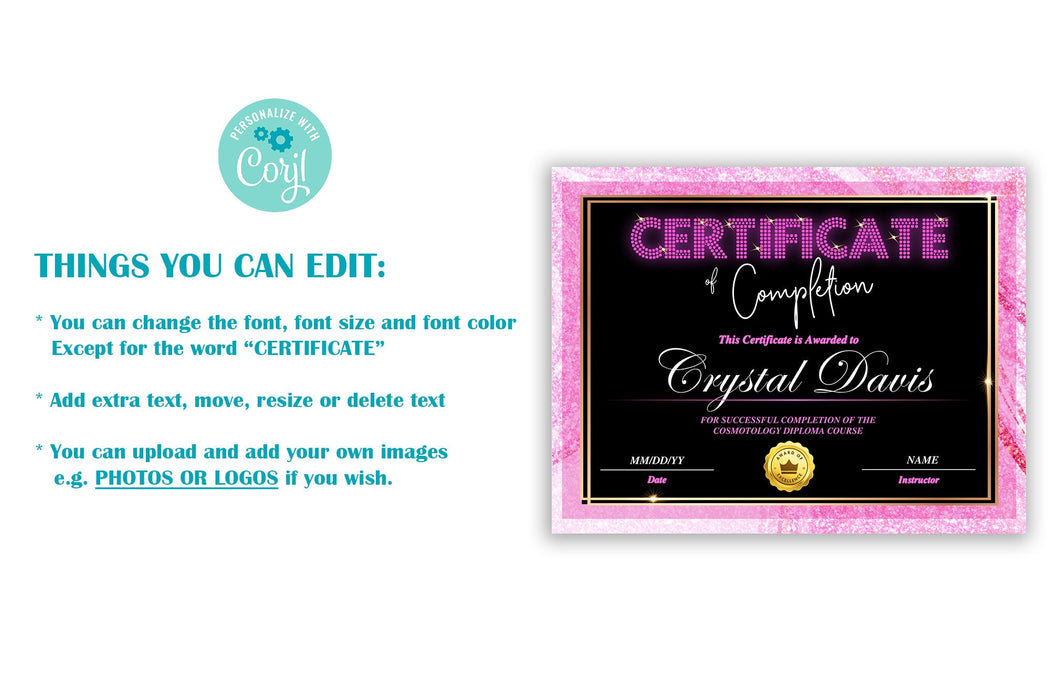 Editable Hair Certificate of Completion Template, DIY Lash Certificate Award