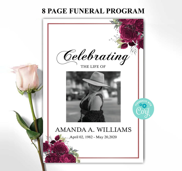 Editable 8 Page Burgundy Rose Funeral Program Template, Printable Template Memorial Service