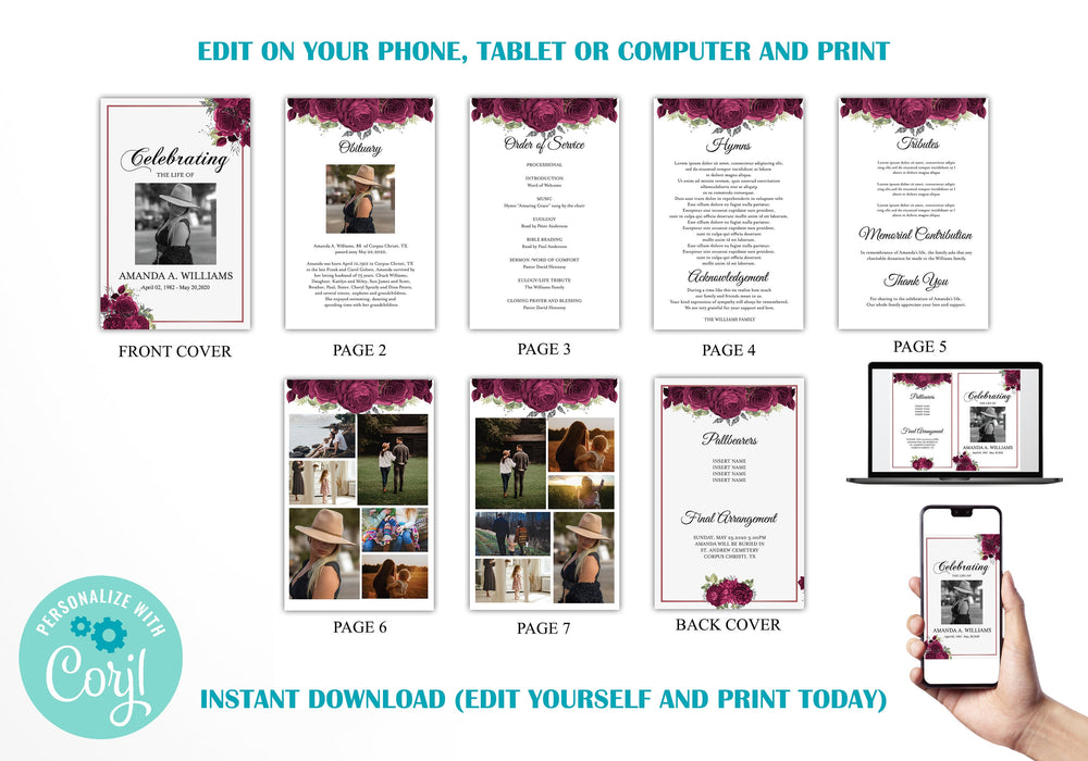 Editable 8 Page Burgundy Rose Funeral Program Template, Printable Template Memorial Service
