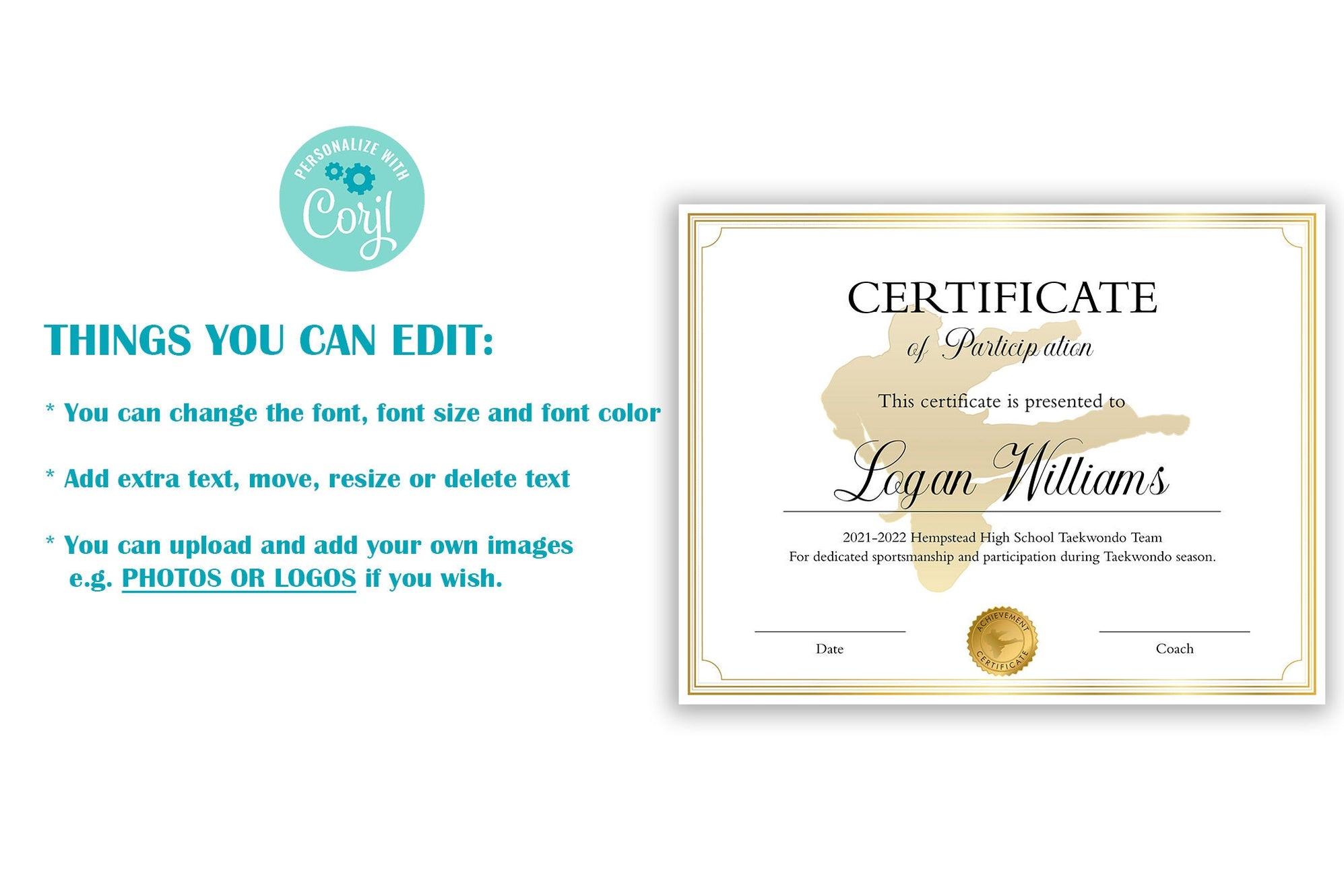 Editable Taekwondo Certificate Template, DIY Tae kwon do Participation ...