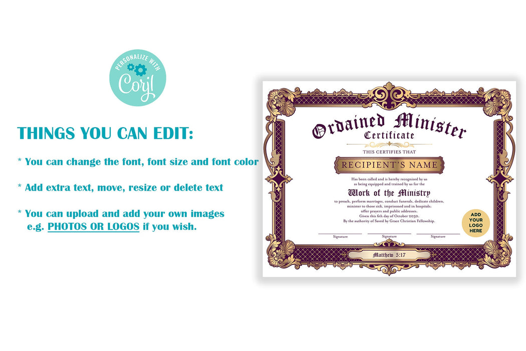 Editable Certificate of Ordination Minister Template, Purple and Gold DIY Printable Ministry Certificate