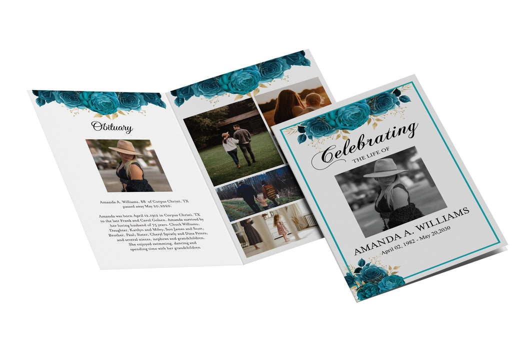DIY 8 Page Turquoise Rose Funeral Program Template for Woman, Editable Template Memorial Service Template