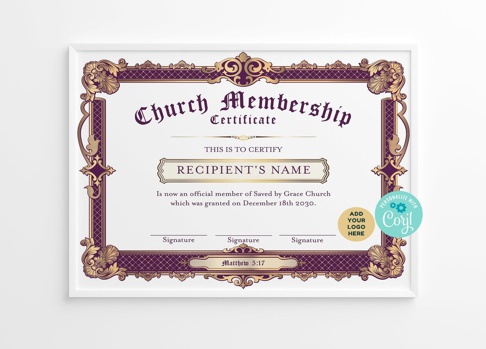DIY Church Membership Certificate Editable Template, Purple and Gold DIY Editable Ministry Certificate