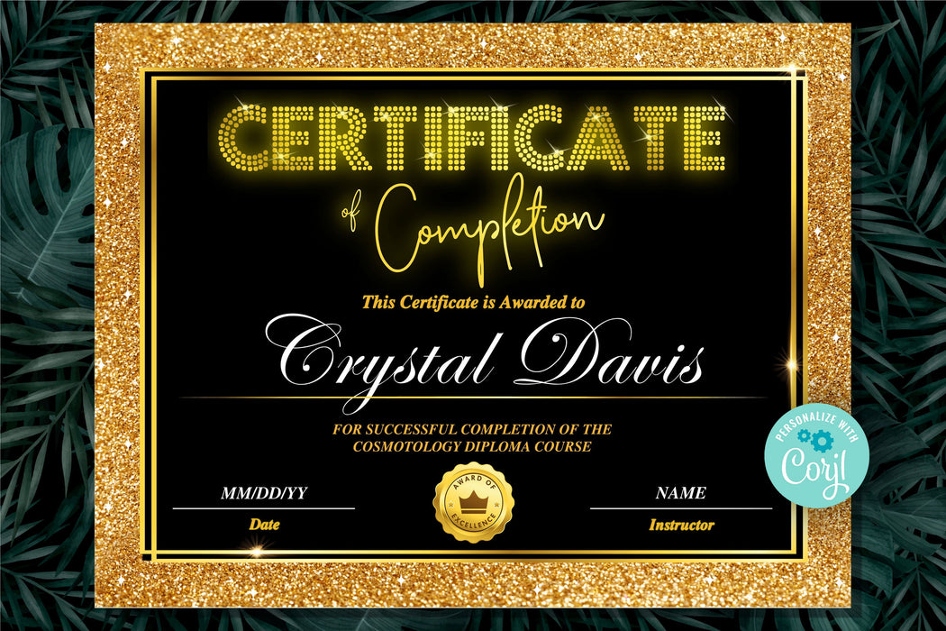 Editable Hair Certificate of Completion Template, DIY Black and Gold Hair Certificate, Customizable Eyelash Certificate Training Course Template