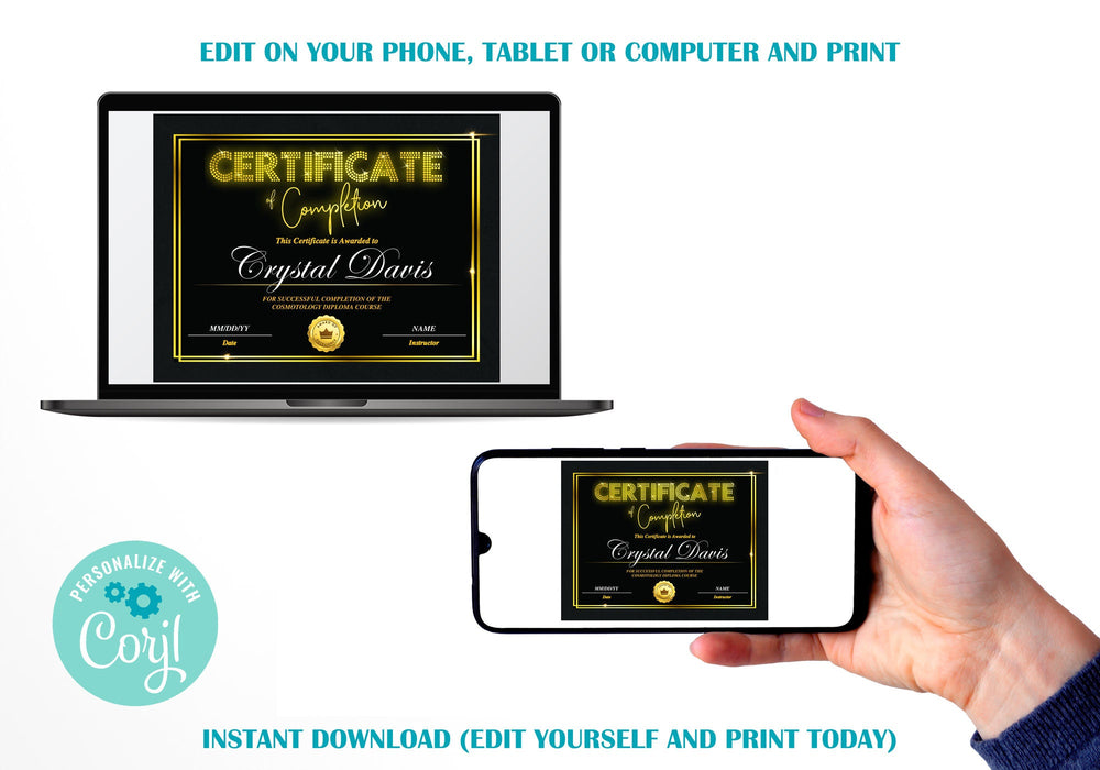 Editable Hair Certificate of Completion Template, Downloadable Black and Yellow Eyelash Certificate Training Course Template