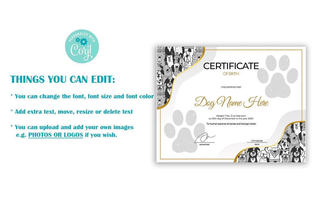 Dog Birth Certificate Template, Puppy Birth Certificate, Breeder Birth — Posh Park dog-birth-certificate-template-puppy-birth-certificate-breeder-birth-posh-park