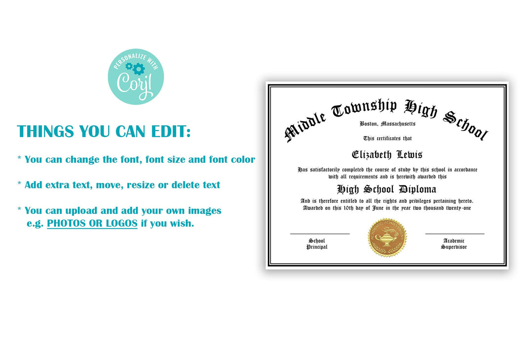 Editable Graduation Certificate Template for Homeschoolers | Customizable Graduation Diploma Template |Printable Home Graduation Diploma
